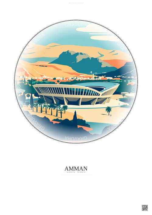 Affiche Amman – Poster illustration vintage – Amman International Stadium | Gravura – Fond clair