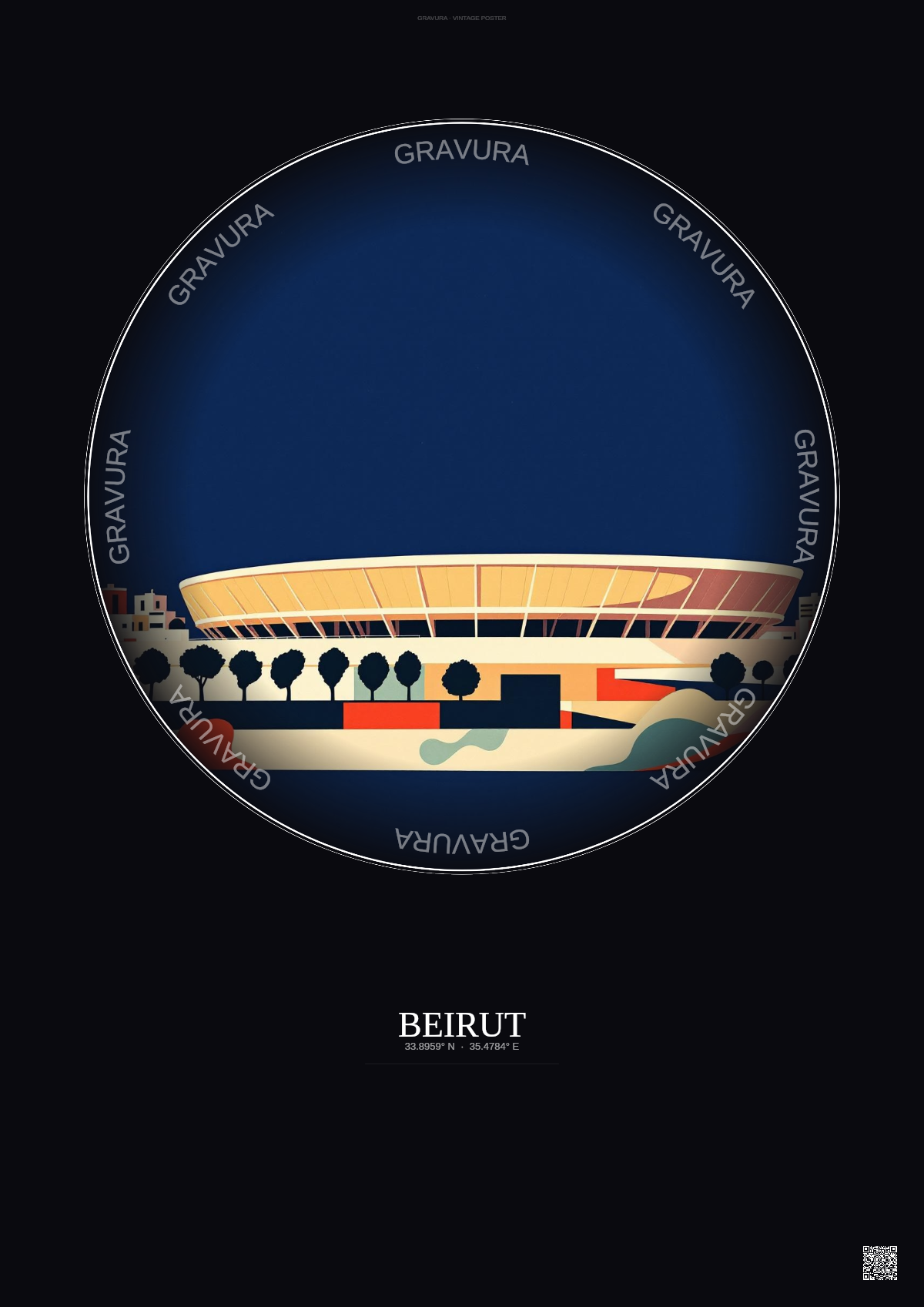 Affiche Beirut – Poster illustration vintage – Camille Chamoun Sports City Stadium | Gravura – Fond foncé