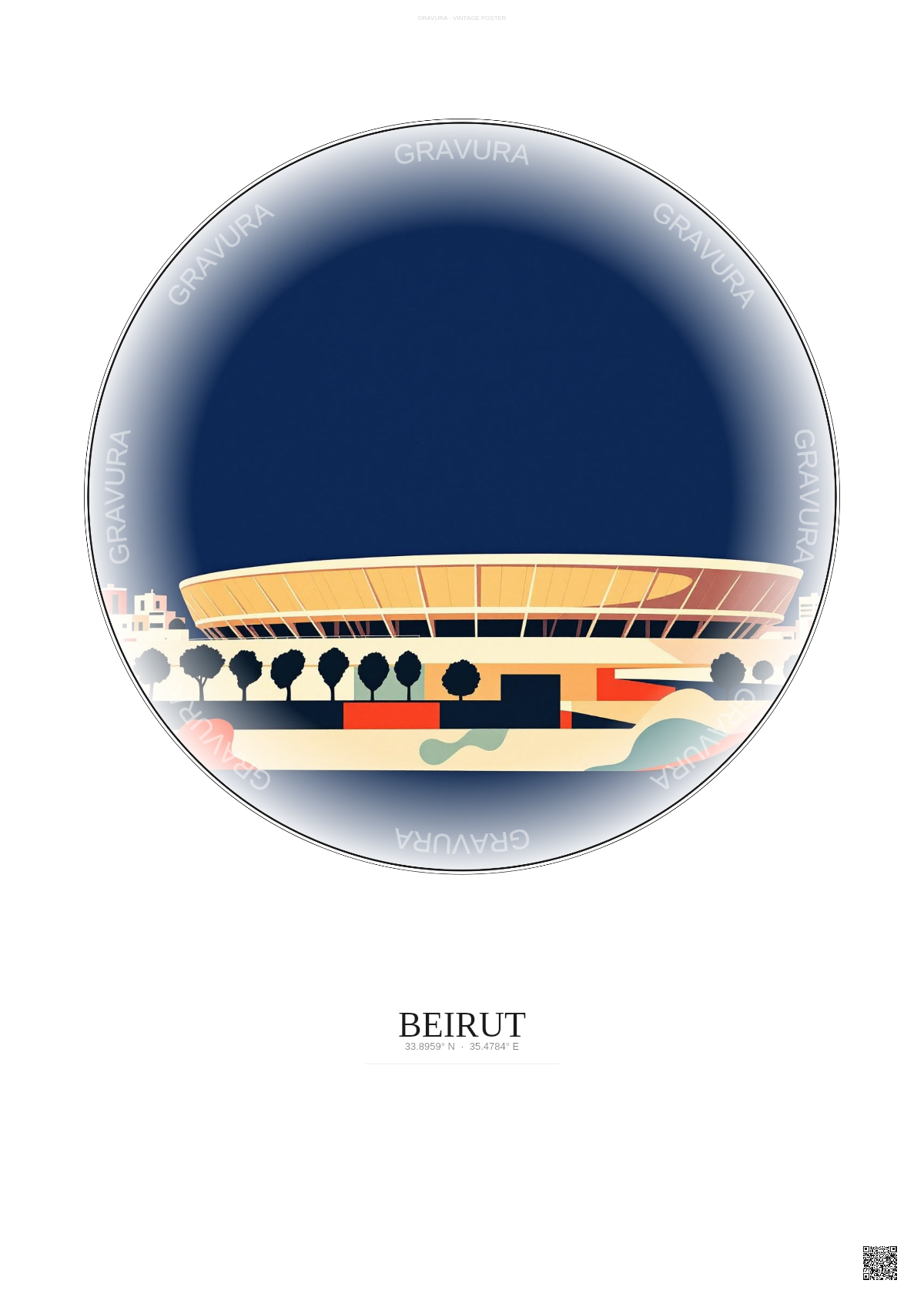 Affiche Beirut – Poster illustration vintage – Camille Chamoun Sports City Stadium | Gravura – Fond clair