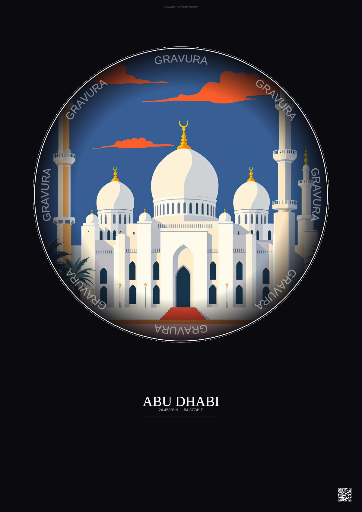 Affiche Abu Dhabi – Poster illustration vintage – Sheikh Zayed Mosque | Gravura – Fond foncé