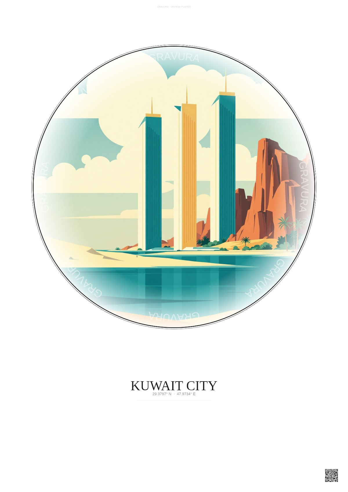 Affiche Kuwait City – Poster illustration vintage – Kuwait Towers | Gravura – Fond clair