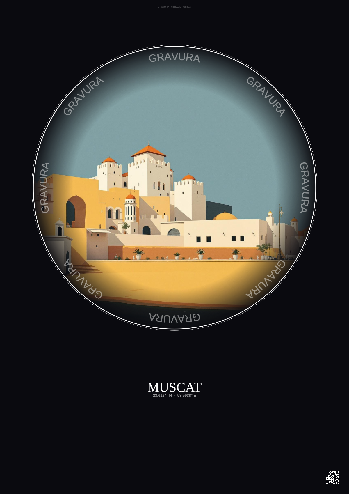 Affiche Muscat – Poster illustration vintage – The National Museum Sultanate Of Oman | Gravura – Fond foncé