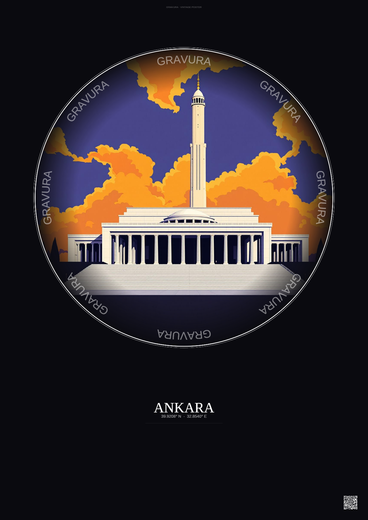 Affiche Ankara – Poster illustration vintage – Antkabir | Gravura – Fond foncé