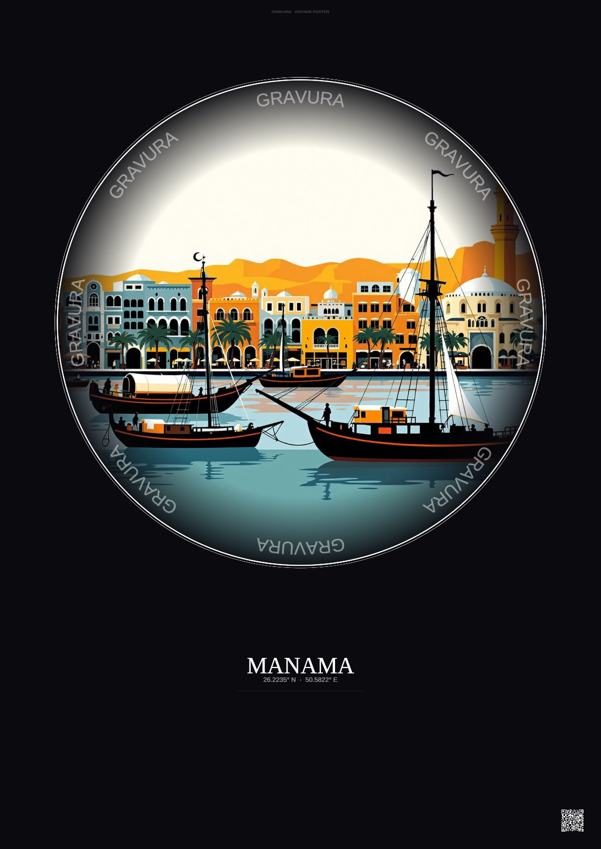 Affiche Manama – Poster illustration vintage – Manama | Gravura – Fond foncé