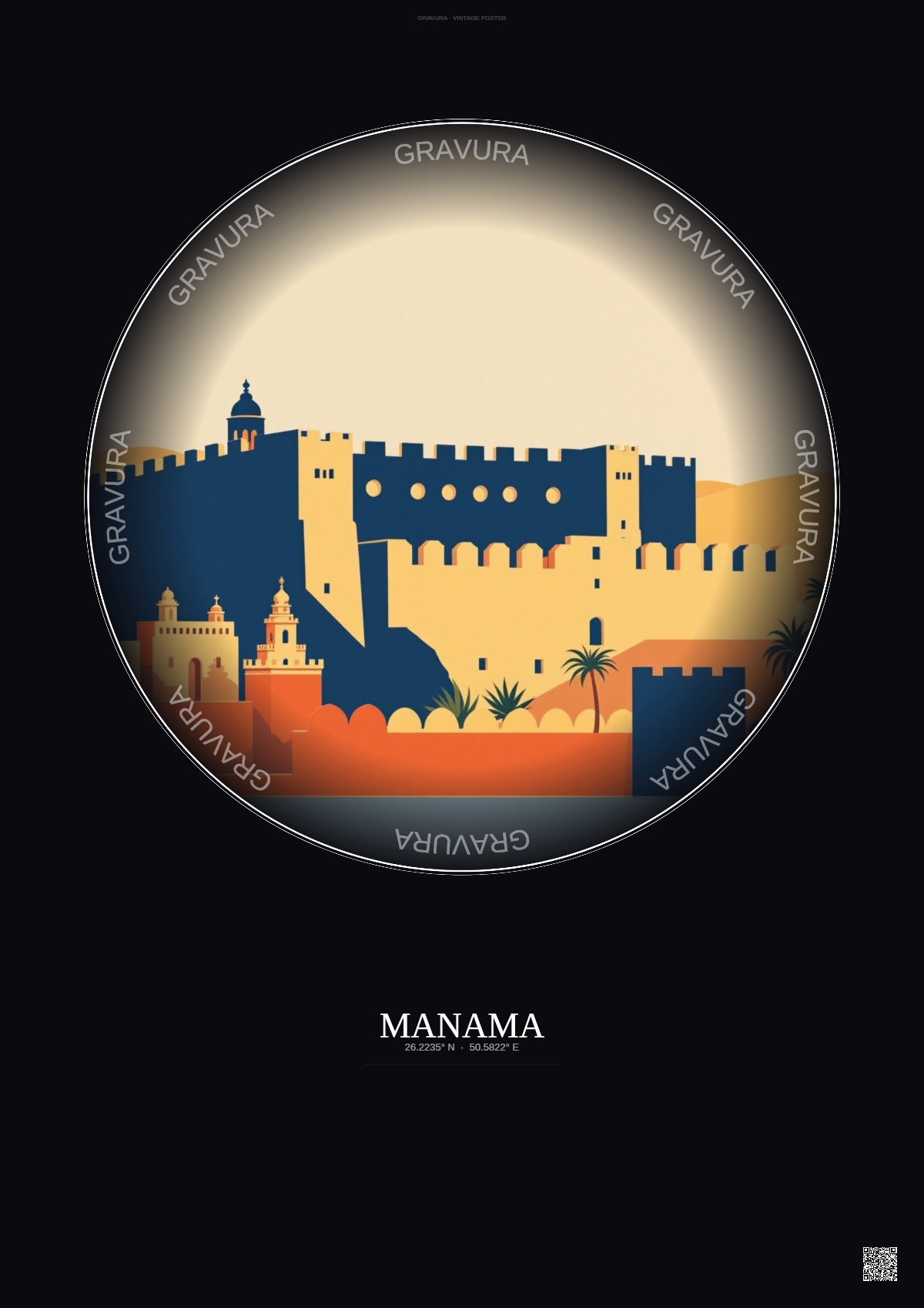 Affiche Manama – Poster illustration vintage – Qalat Al Bahrain | Gravura – Fond foncé
