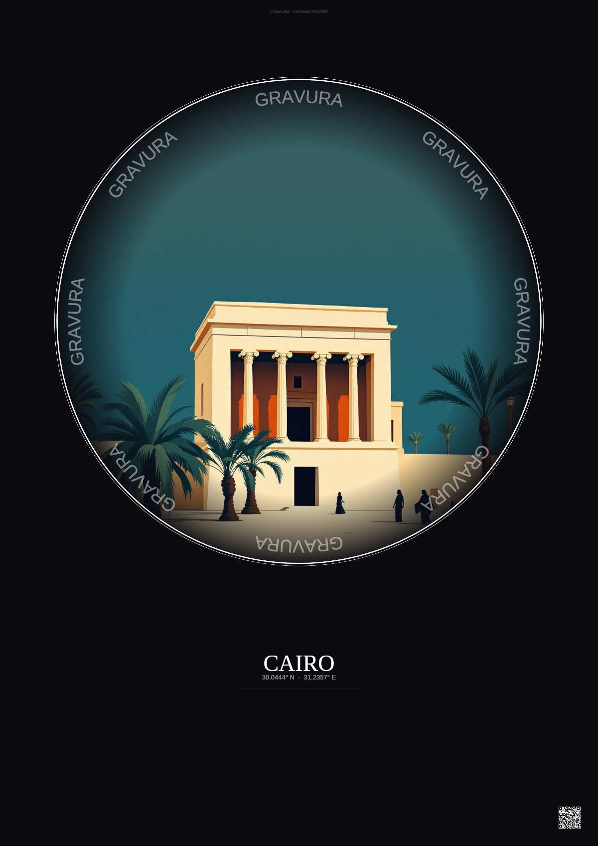 Affiche Cairo – Poster illustration vintage – Egyptian Museum | Gravura – Fond foncé