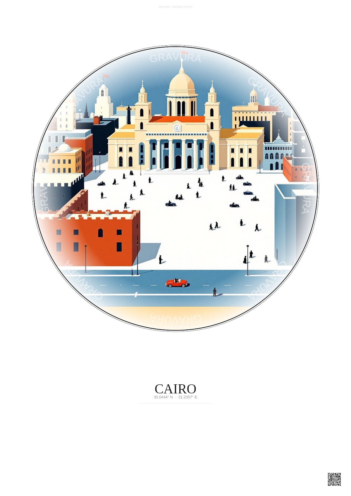Affiche Cairo – Poster illustration vintage – Tahrir Square | Gravura – Fond clair