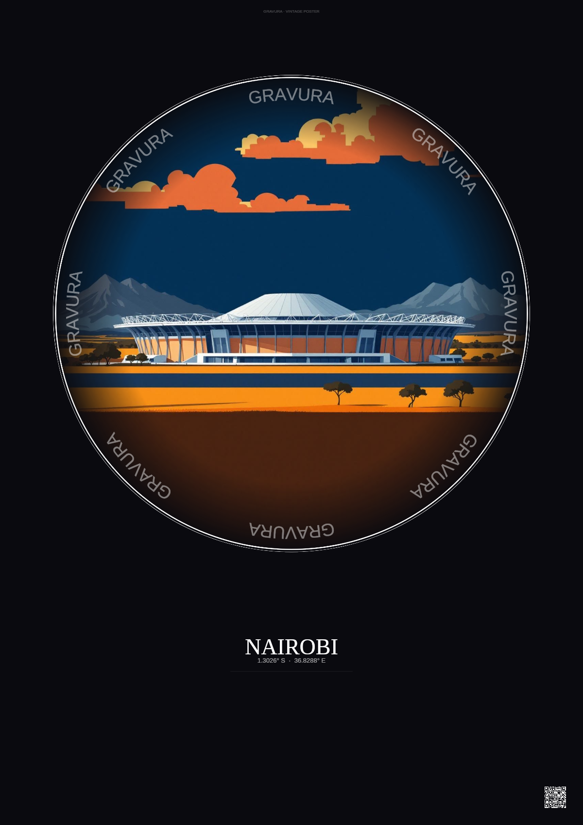 Affiche Nairobi – Poster illustration vintage – Moi International Sports Centre | Gravura – Fond foncé