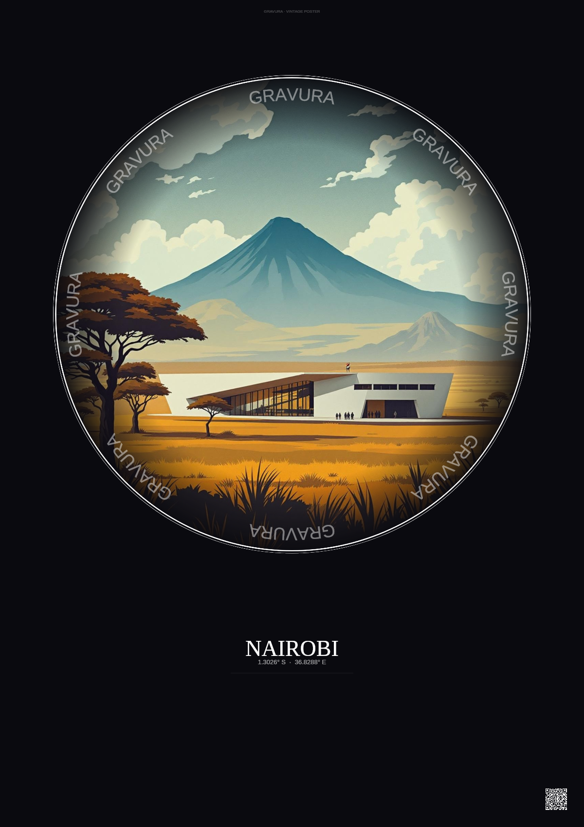 Affiche Nairobi – Poster illustration vintage – National Museums Of Kenya | Gravura – Fond foncé