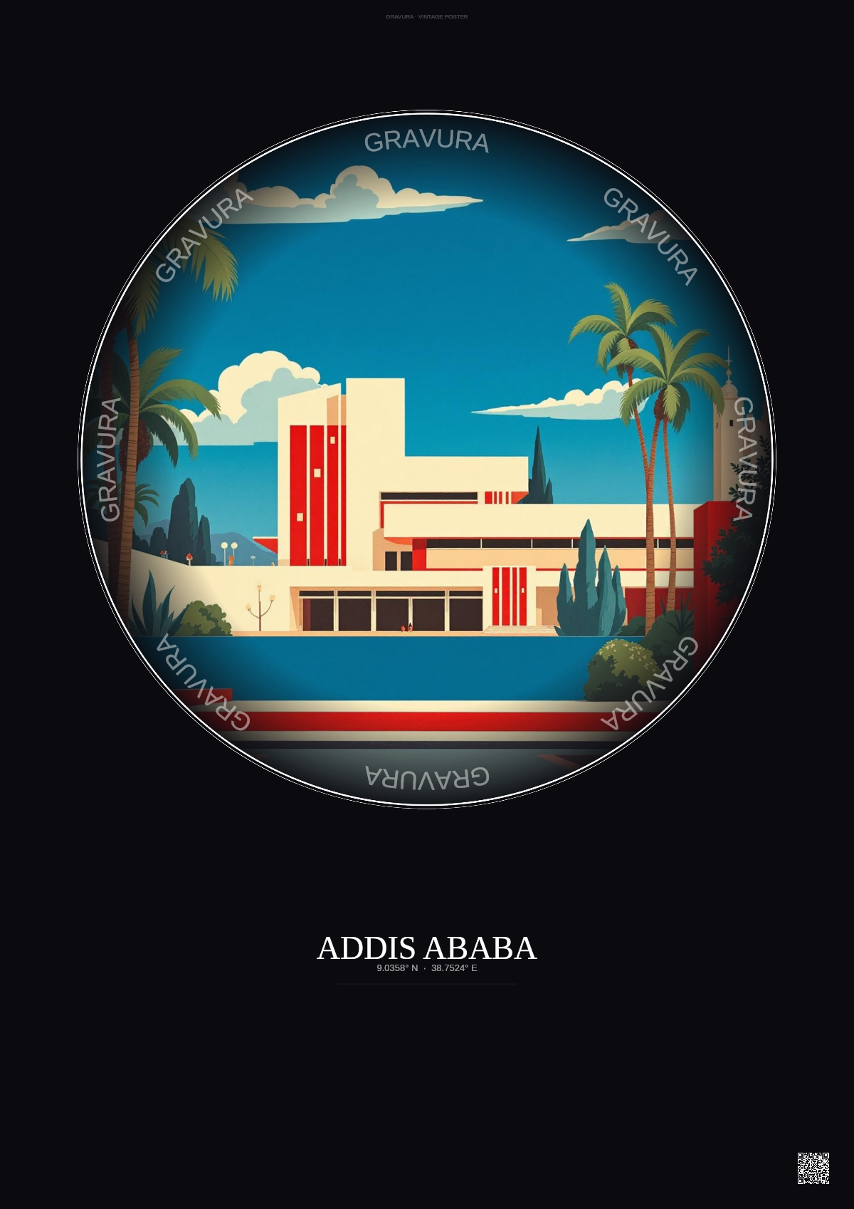 Affiche Addis Ababa – Poster illustration vintage – National Museum Of Ethiopia | Gravura – Fond foncé