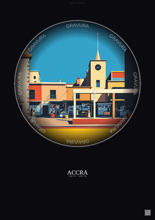 Affiche Accra – Poster illustration vintage – Makola Market | Gravura – Fond foncé