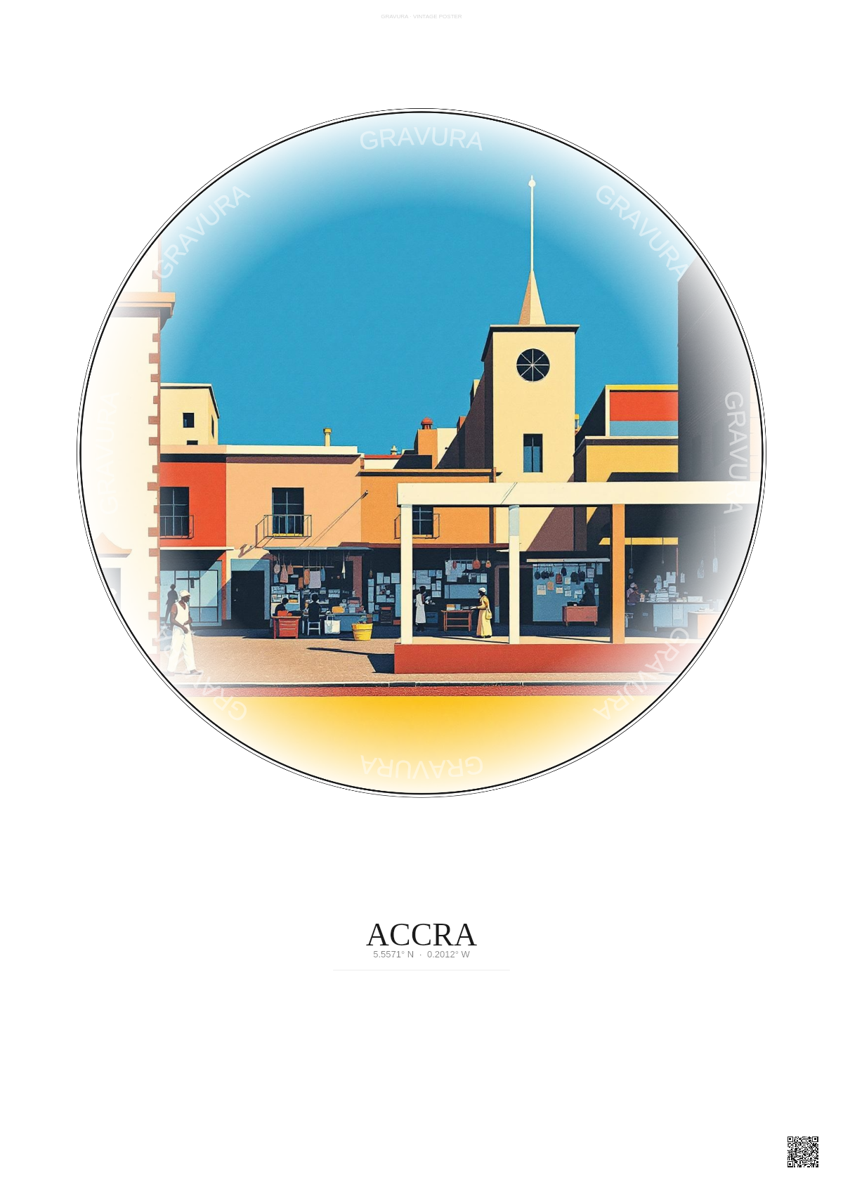Affiche Accra – Poster illustration vintage – Makola Market | Gravura – Fond clair