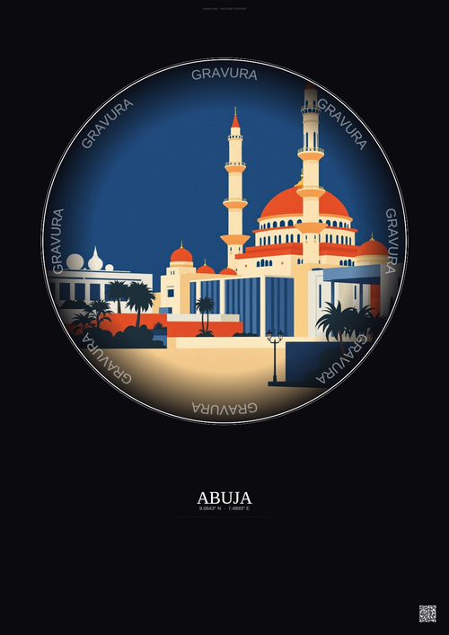Affiche Abuja – Poster illustration vintage – Abuja | Gravura – Fond foncé