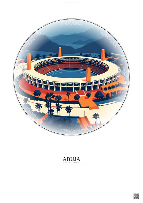 Affiche Abuja – Poster illustration vintage – Abuja Stadium | Gravura – Fond clair