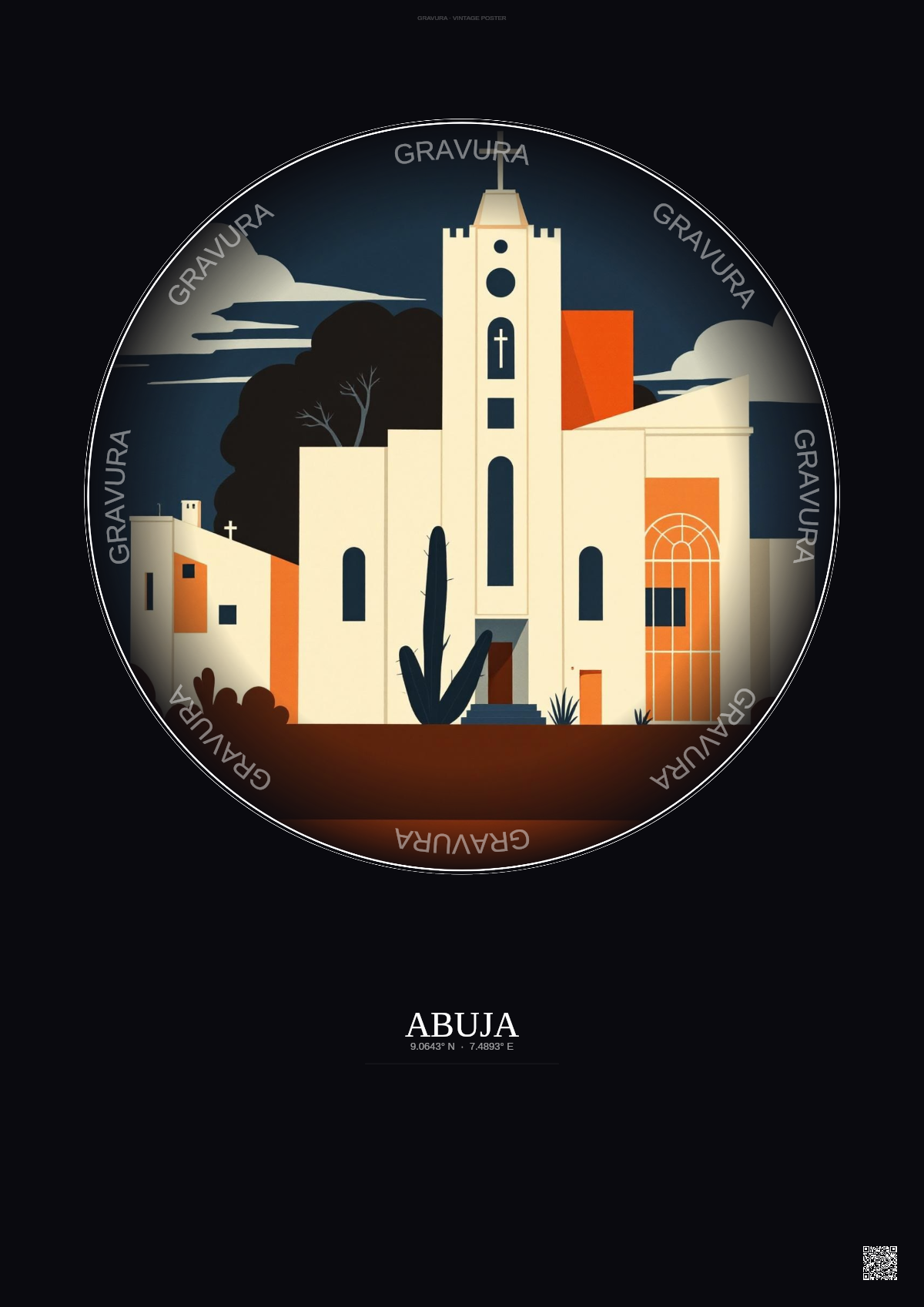 Affiche Abuja – Poster illustration vintage – National Church Of Nigeria | Gravura – Fond foncé