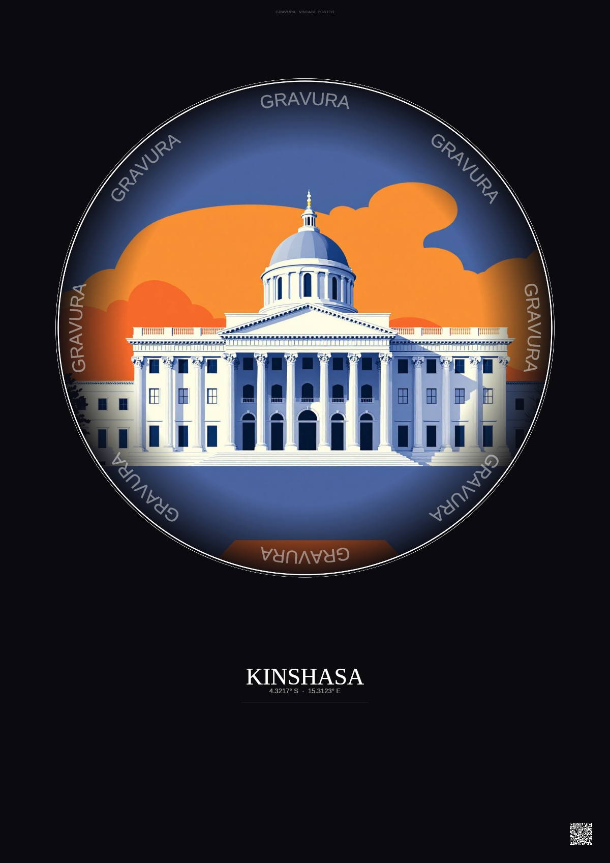 Affiche Kinshasa – Poster illustration vintage – Palace Of The Nation | Gravura – Fond foncé