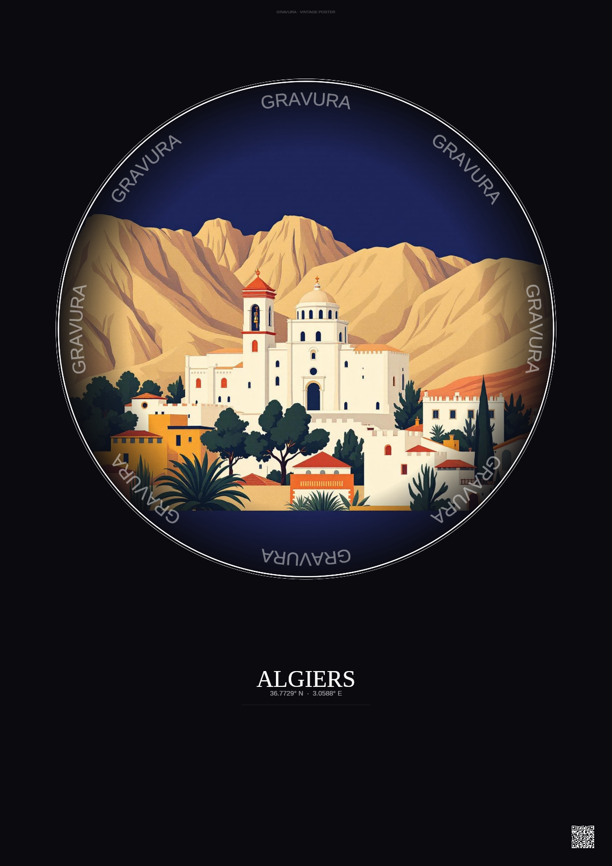 Affiche Algiers – Poster illustration vintage – Basilica Of Notre Dame D Afrique | Gravura – Fond foncé