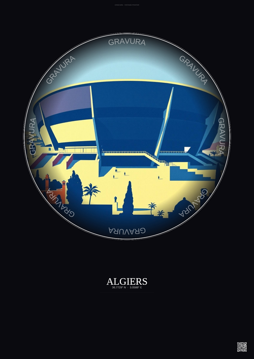 Affiche Algiers – Poster illustration vintage – Stade 5 Juillet 1962 | Gravura – Fond foncé
