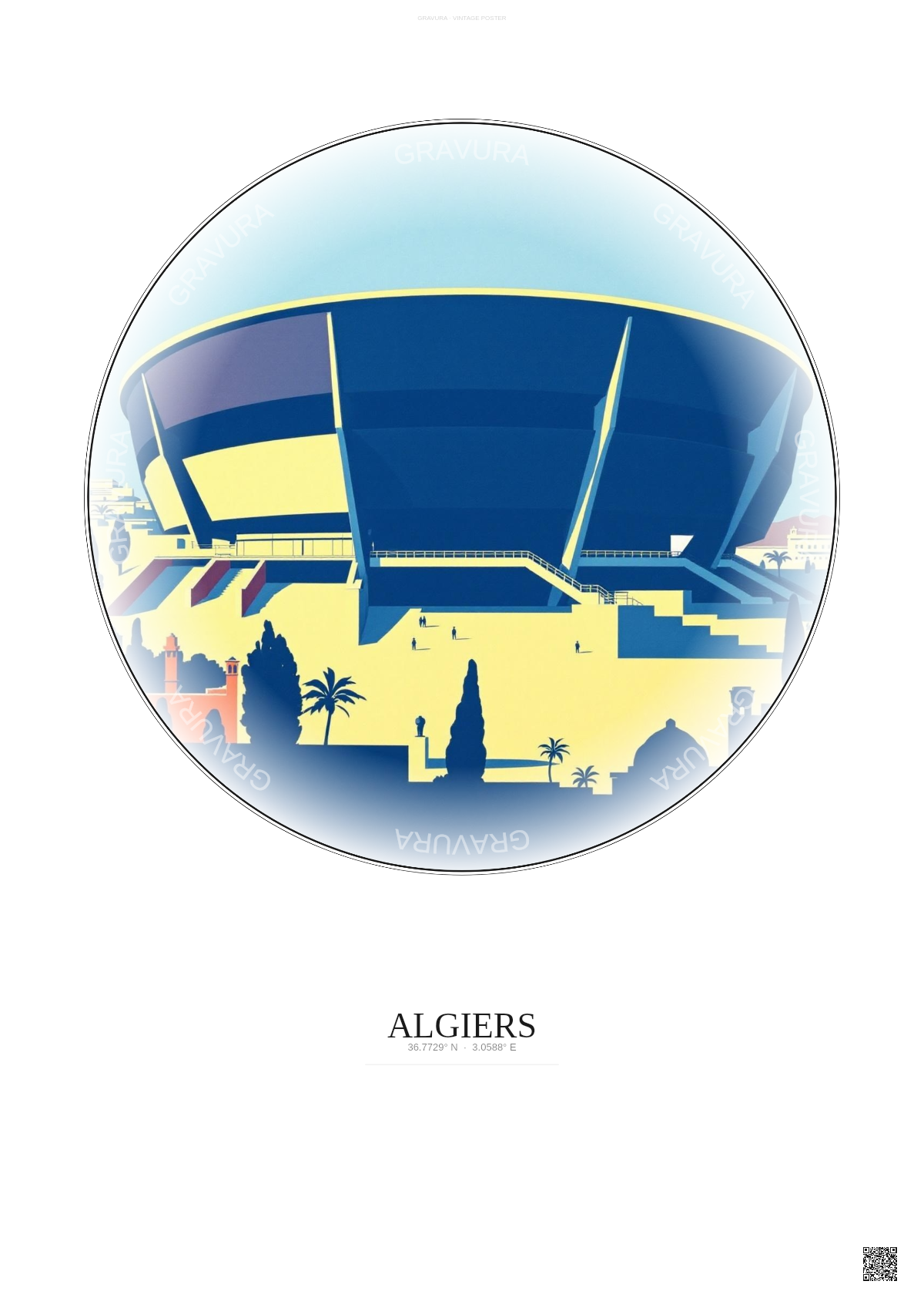 Affiche Algiers – Poster illustration vintage – Stade 5 Juillet 1962 | Gravura – Fond clair