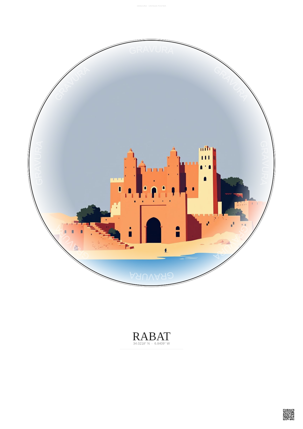 Affiche Rabat – Poster illustration vintage – Chellah | Gravura – Fond clair
