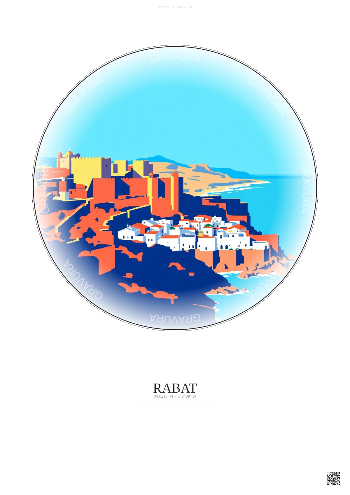 Affiche Rabat – Poster illustration vintage – Kasbah Of The Udayas | Gravura – Fond clair