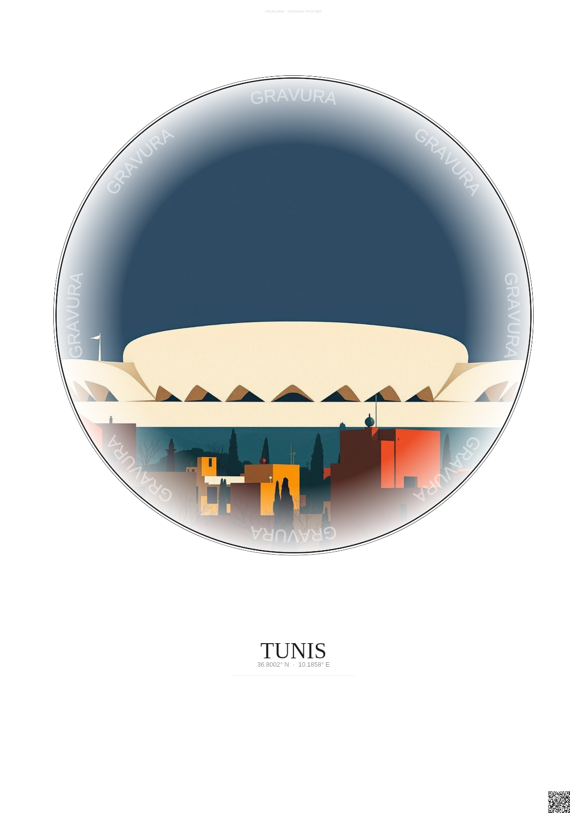 Affiche Tunis – Poster illustration vintage – Stade El Menzah | Gravura – Fond clair