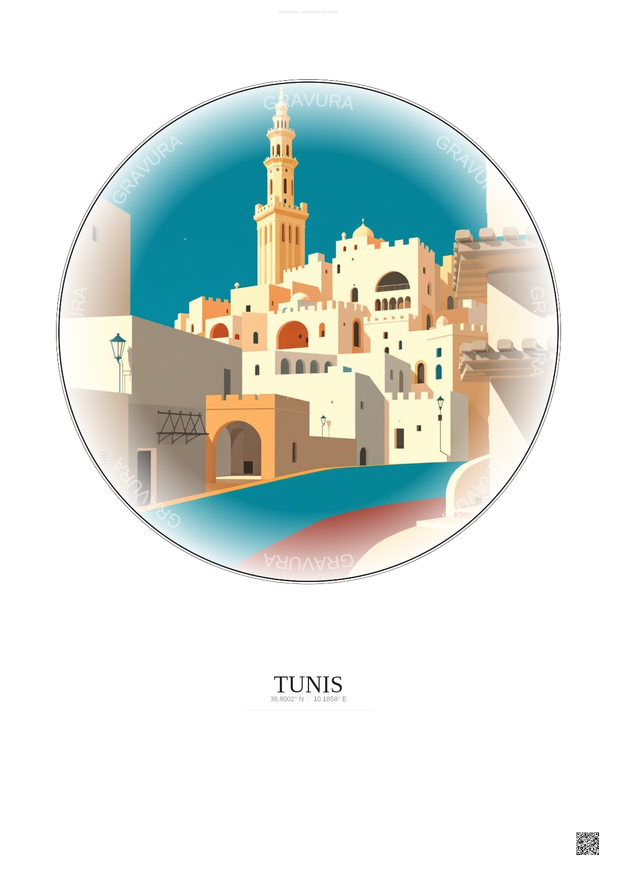 Affiche Tunis – Poster illustration vintage – Tunis | Gravura – Fond clair