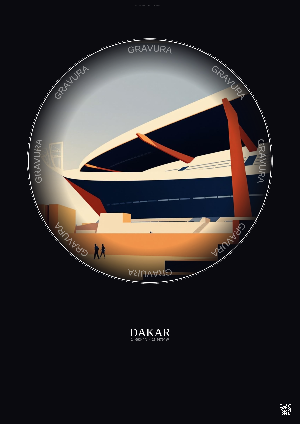 Affiche Dakar – Poster illustration vintage – Stade Leopold Sedar Senghor | Gravura – Fond foncé