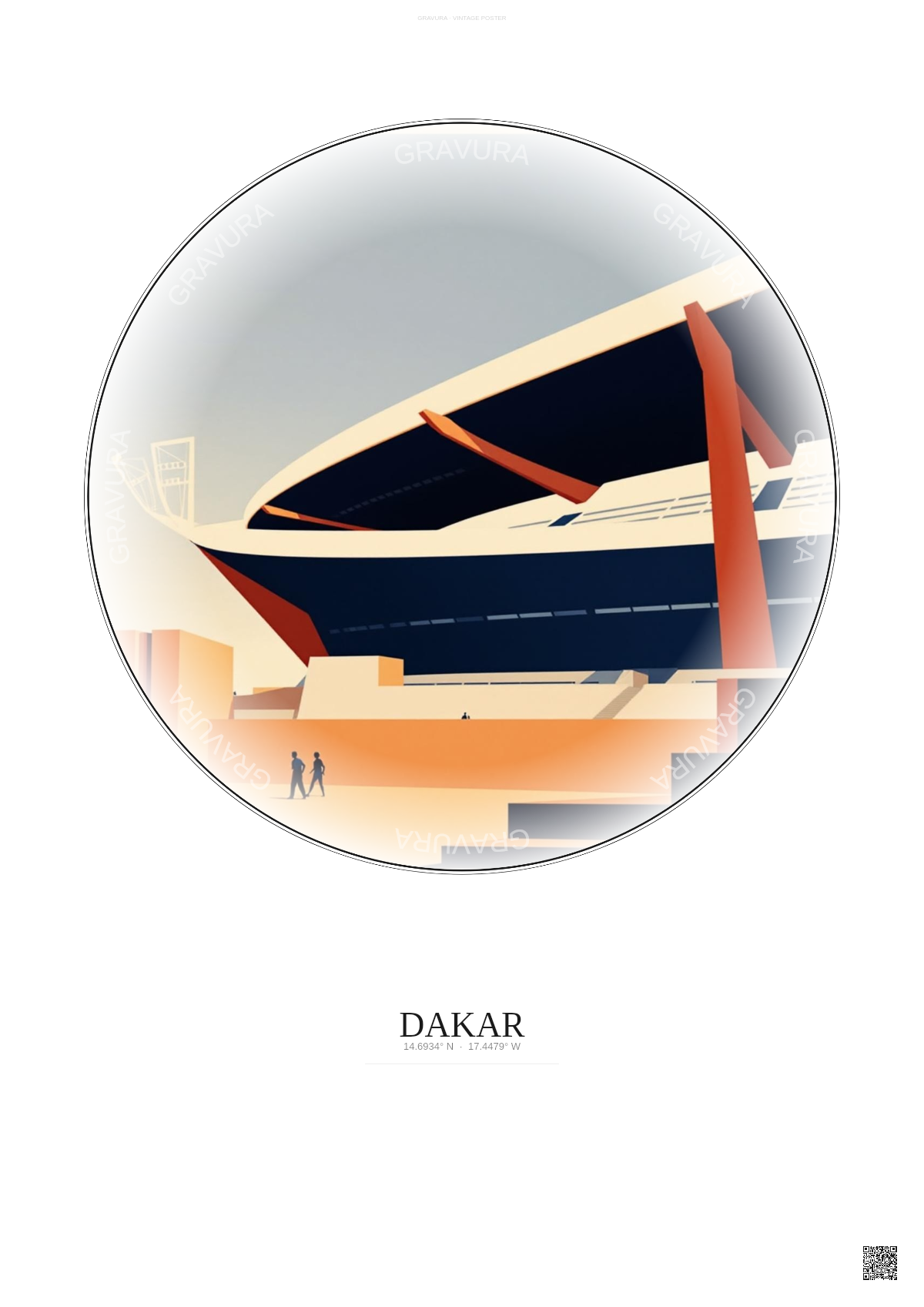 Affiche Dakar – Poster illustration vintage – Stade Leopold Sedar Senghor | Gravura – Fond clair