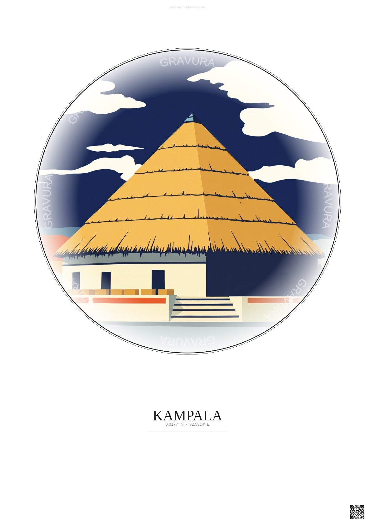 Affiche Kampala – Poster illustration vintage – Kasubi Tombs | Gravura – Fond clair
