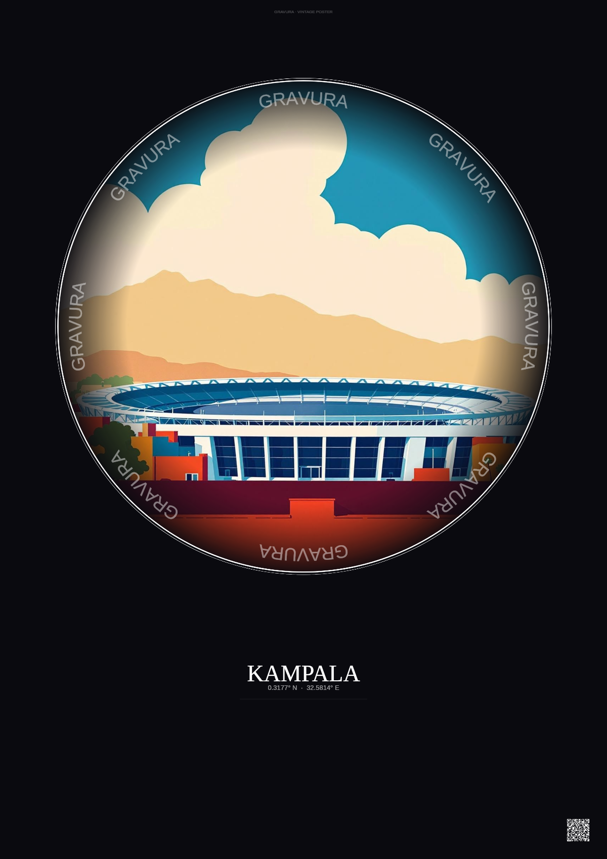 Affiche Kampala – Poster illustration vintage – Mandela National Stadium | Gravura – Fond foncé