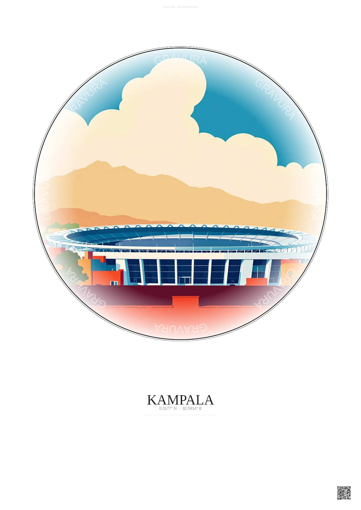 Affiche Kampala – Poster illustration vintage – Mandela National Stadium | Gravura – Fond clair