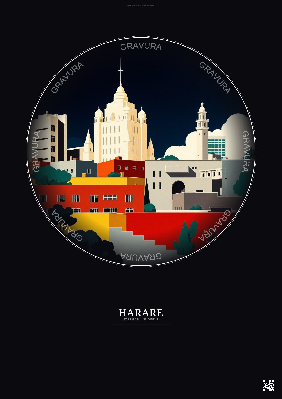 Affiche Harare – Poster illustration vintage – Harare | Gravura – Fond foncé