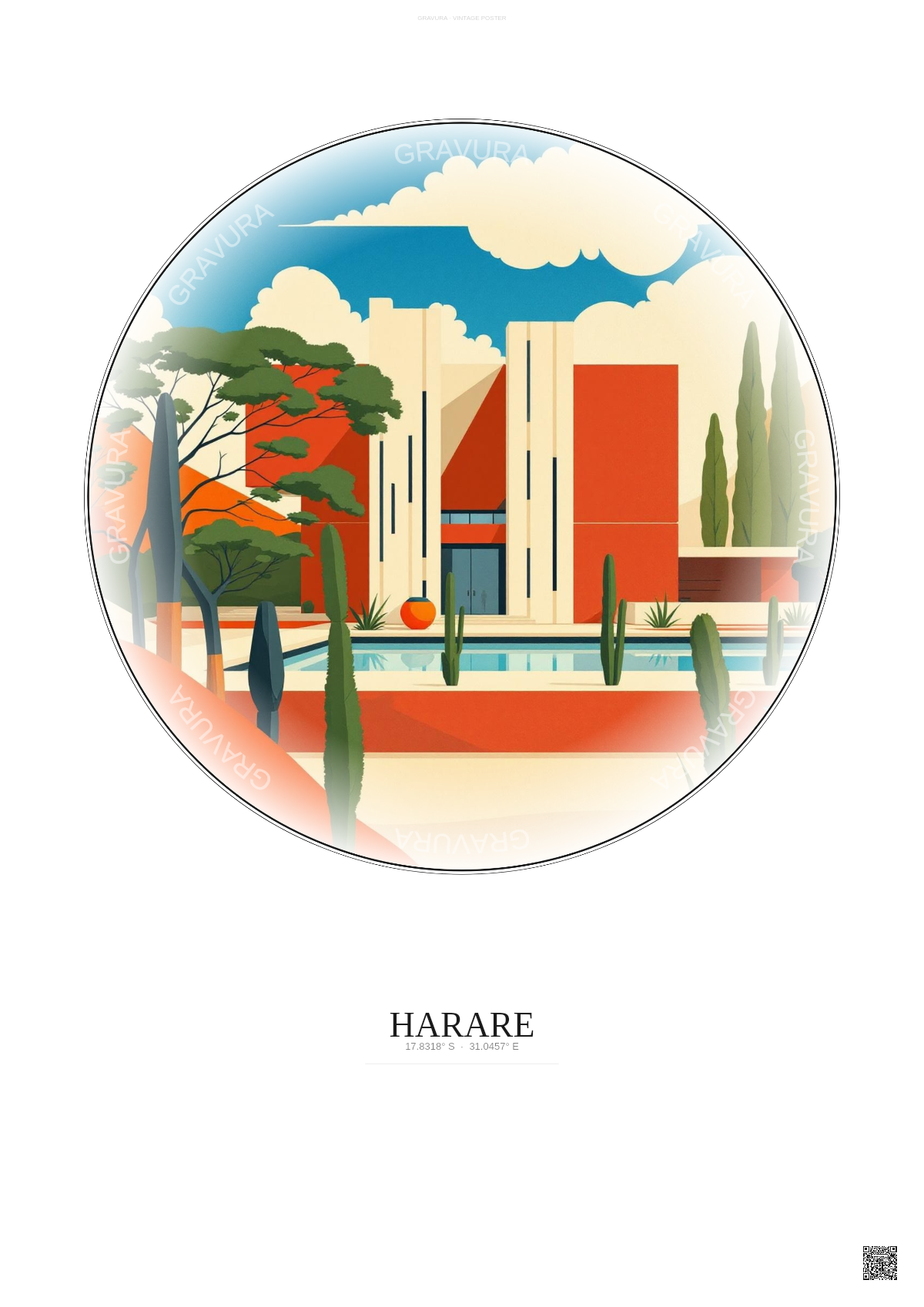 Affiche Harare – Poster illustration vintage – National Gallery Of Zimbabwe | Gravura – Fond clair