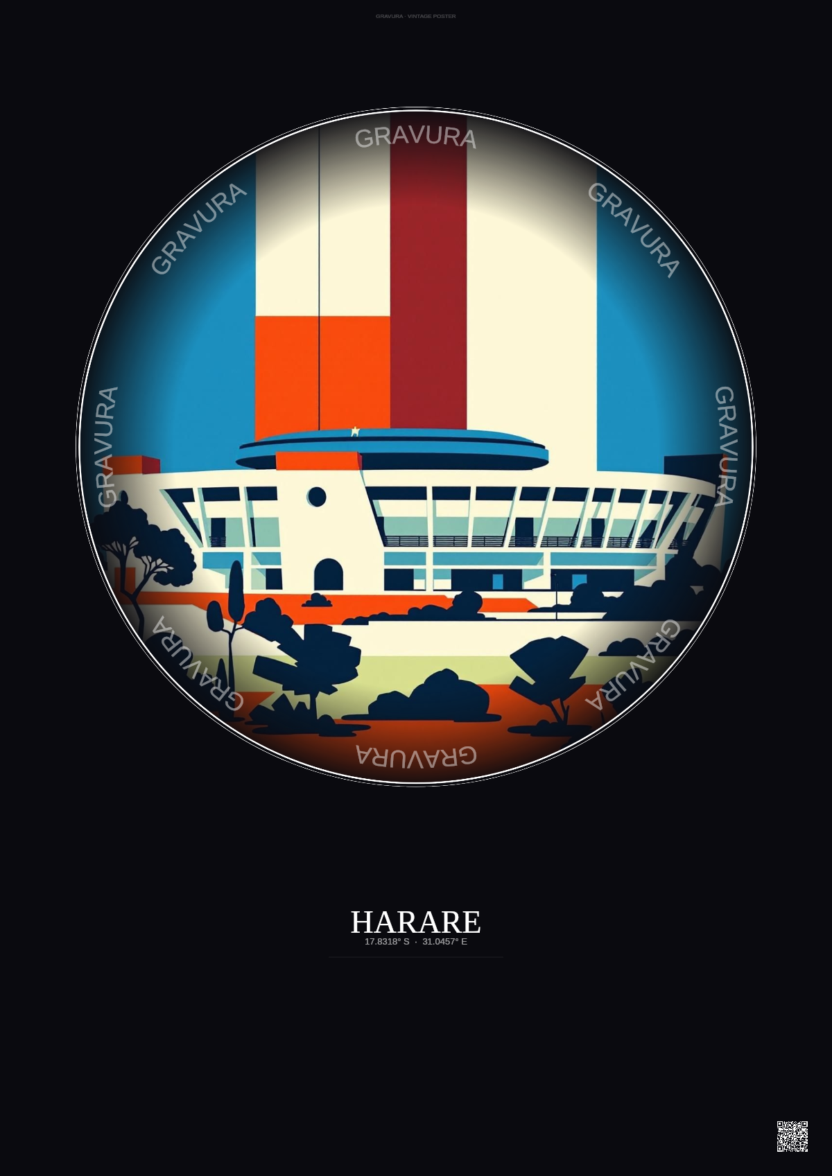 Affiche Harare – Poster illustration vintage – National Sports Stadium | Gravura – Fond foncé