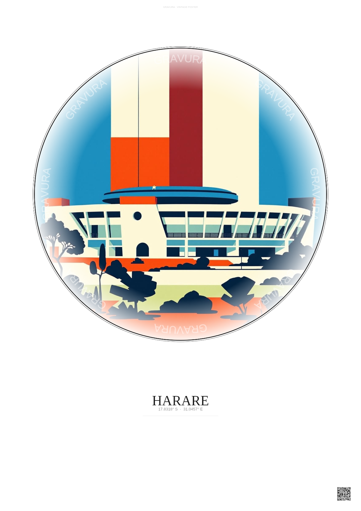 Affiche Harare – Poster illustration vintage – National Sports Stadium | Gravura – Fond clair