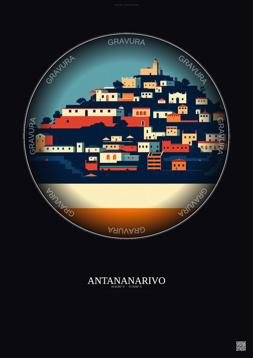 Affiche Antananarivo – Poster illustration vintage – Antananarivo | Gravura – Fond foncé