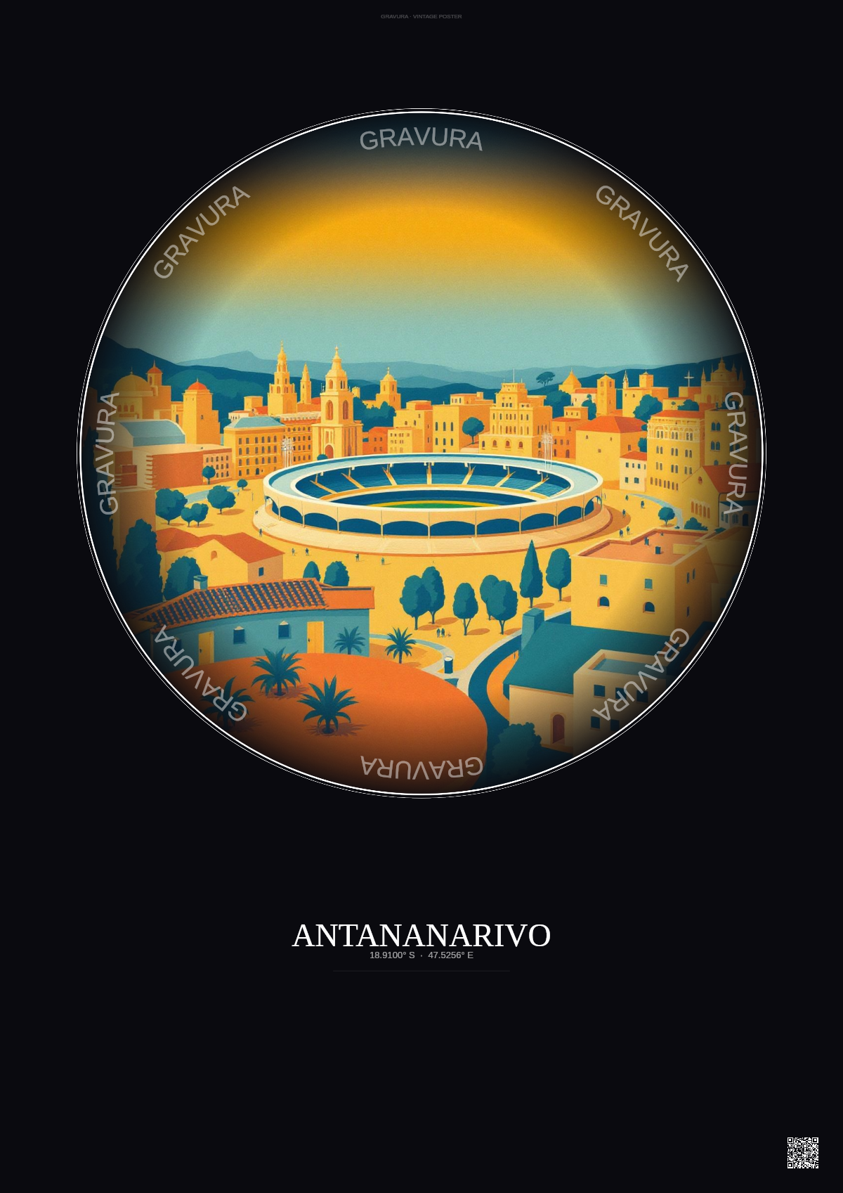 Affiche Antananarivo – Poster illustration vintage – Mahamasina Municipal Stadium | Gravura – Fond foncé