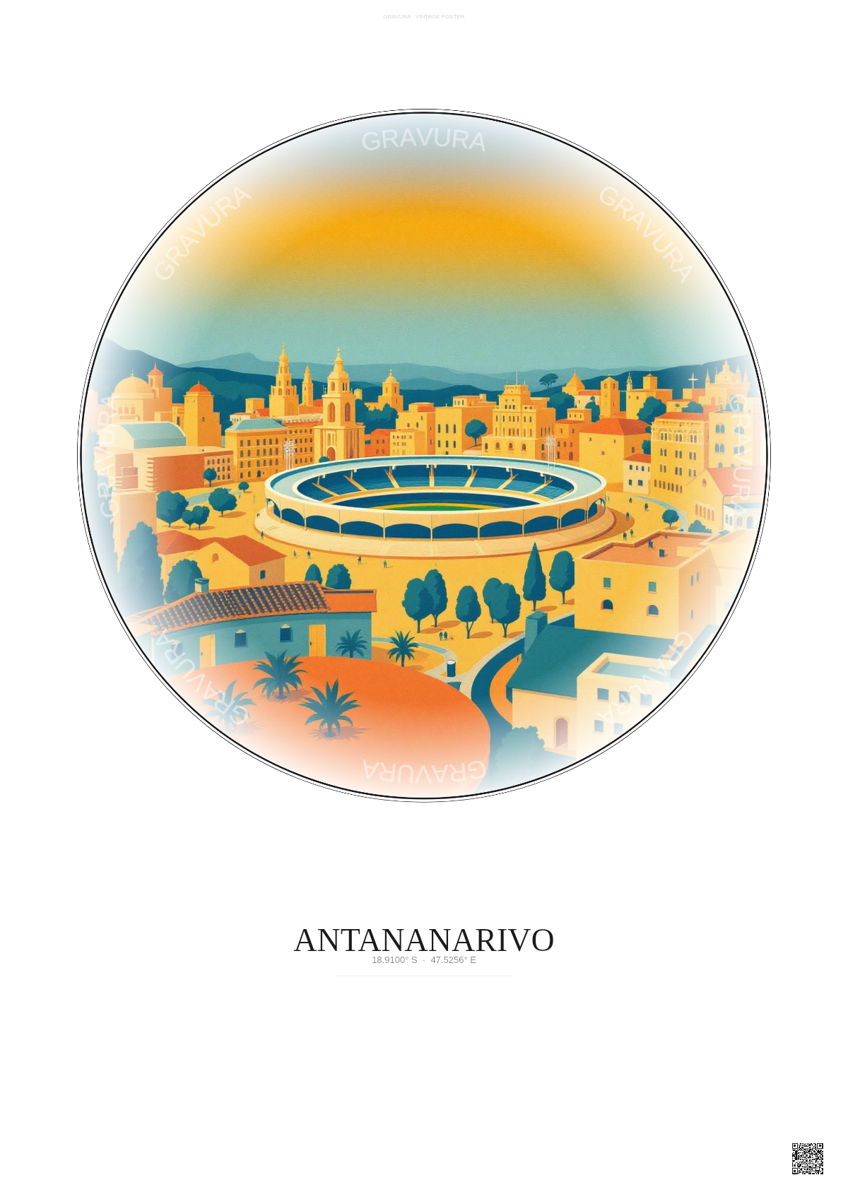 Affiche Antananarivo – Poster illustration vintage – Mahamasina Municipal Stadium | Gravura – Fond clair