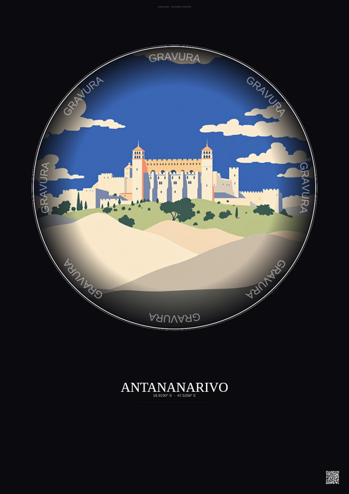 Affiche Antananarivo – Poster illustration vintage – Rova Of Antananarivo | Gravura – Fond foncé