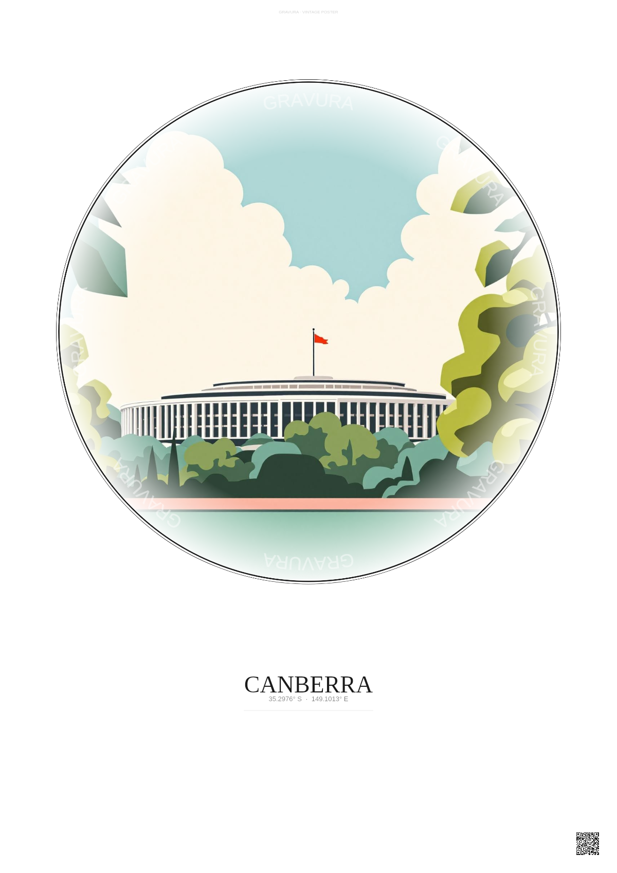 Affiche Canberra – Poster illustration vintage – Parliament House | Gravura – Fond clair