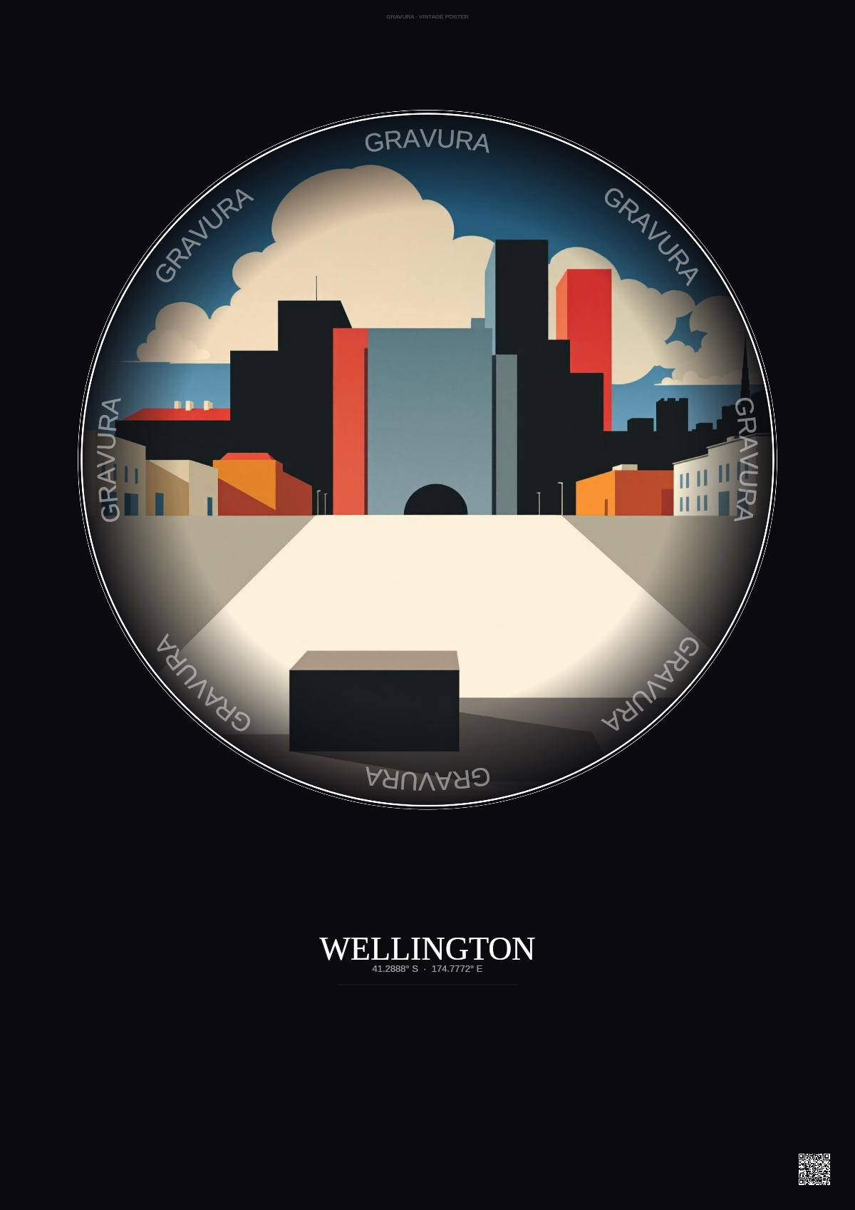 Affiche Wellington – Poster illustration vintage – Te Ngakau Civic Square | Gravura – Fond foncé