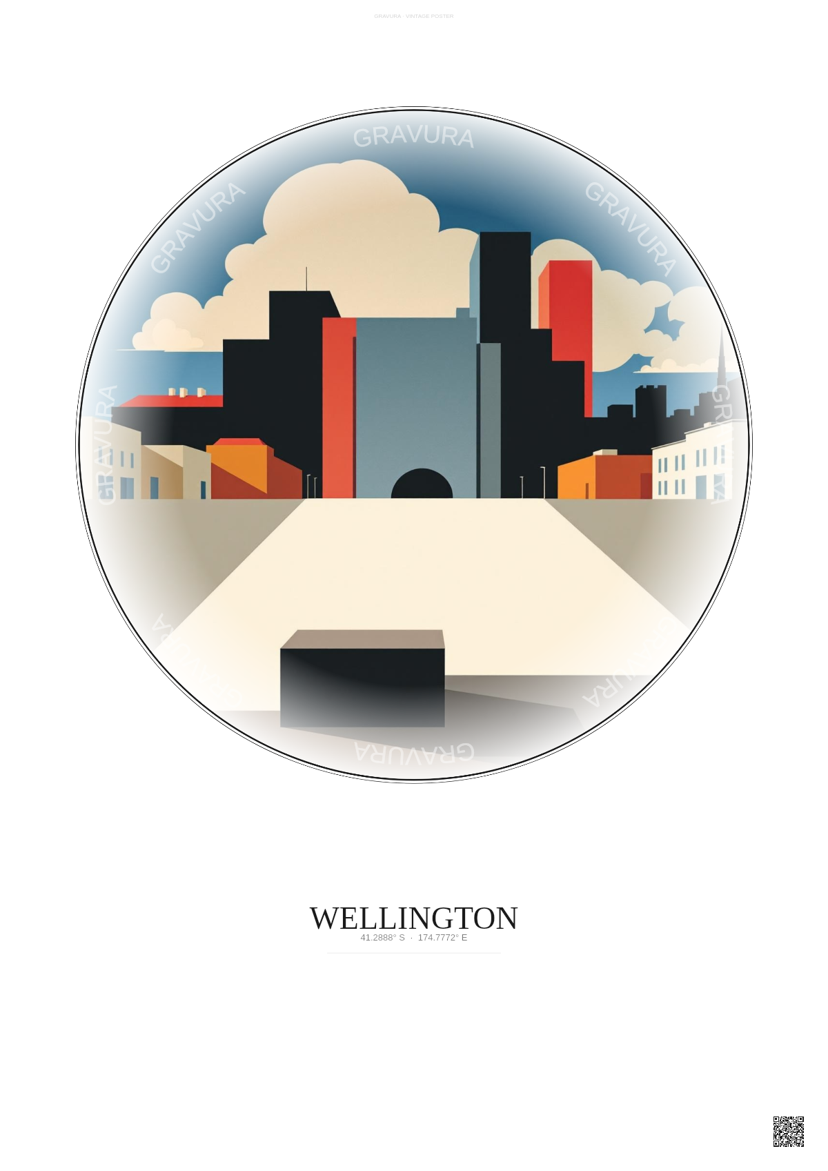 Affiche Wellington – Poster illustration vintage – Te Ngakau Civic Square | Gravura – Fond clair