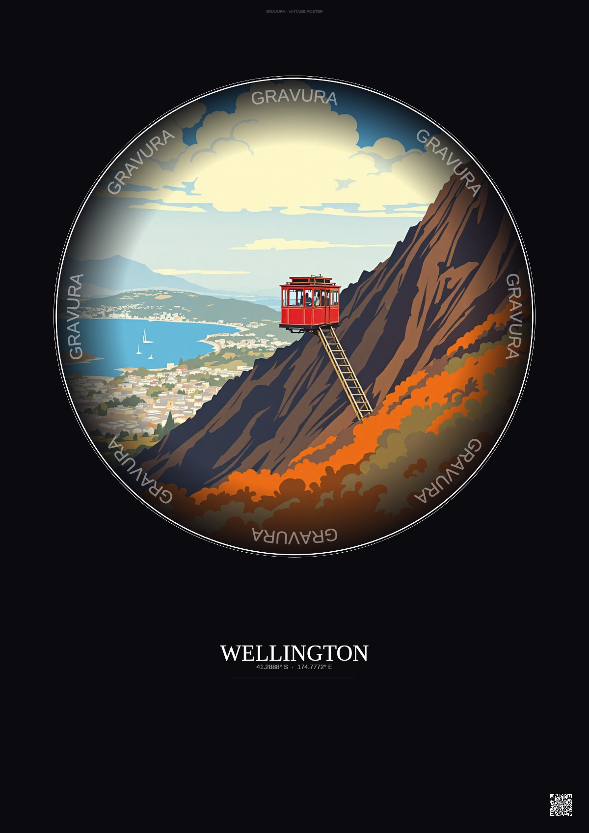 Affiche Wellington – Poster illustration vintage – Wellington Cable Car | Gravura – Fond foncé