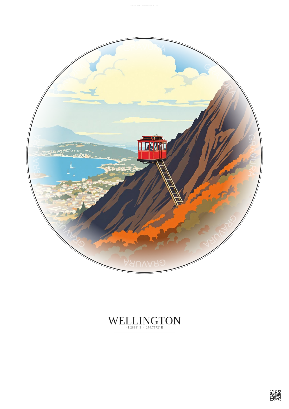 Affiche Wellington – Poster illustration vintage – Wellington Cable Car | Gravura – Fond clair