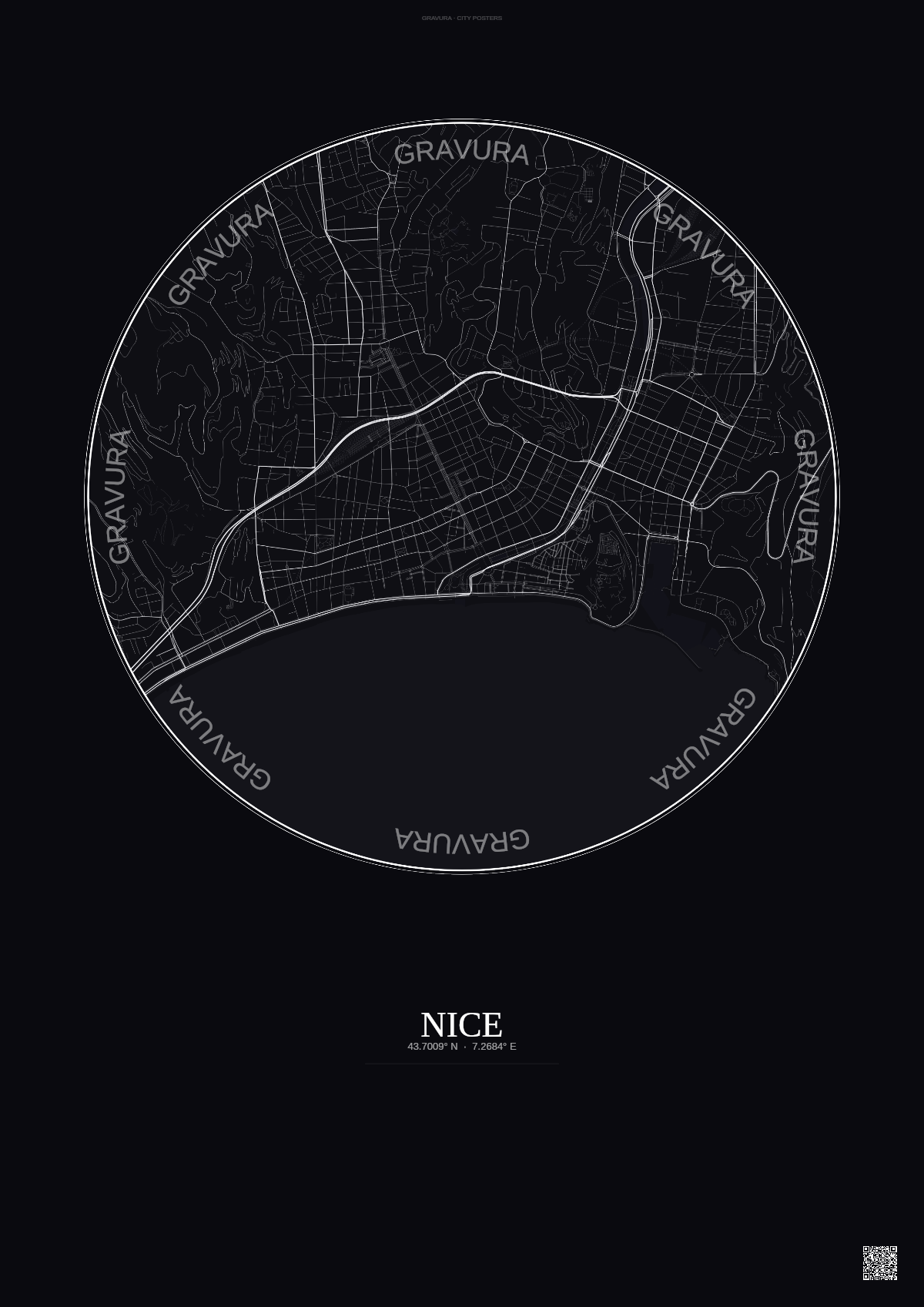 Affiche Nice – Poster carte de ville | Gravura – Fond foncé