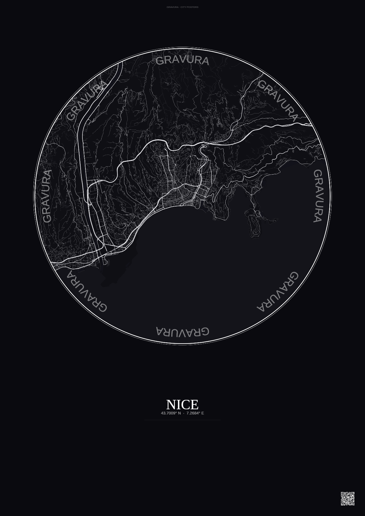 Affiche Nice – Poster carte de ville | Gravura – Fond foncé