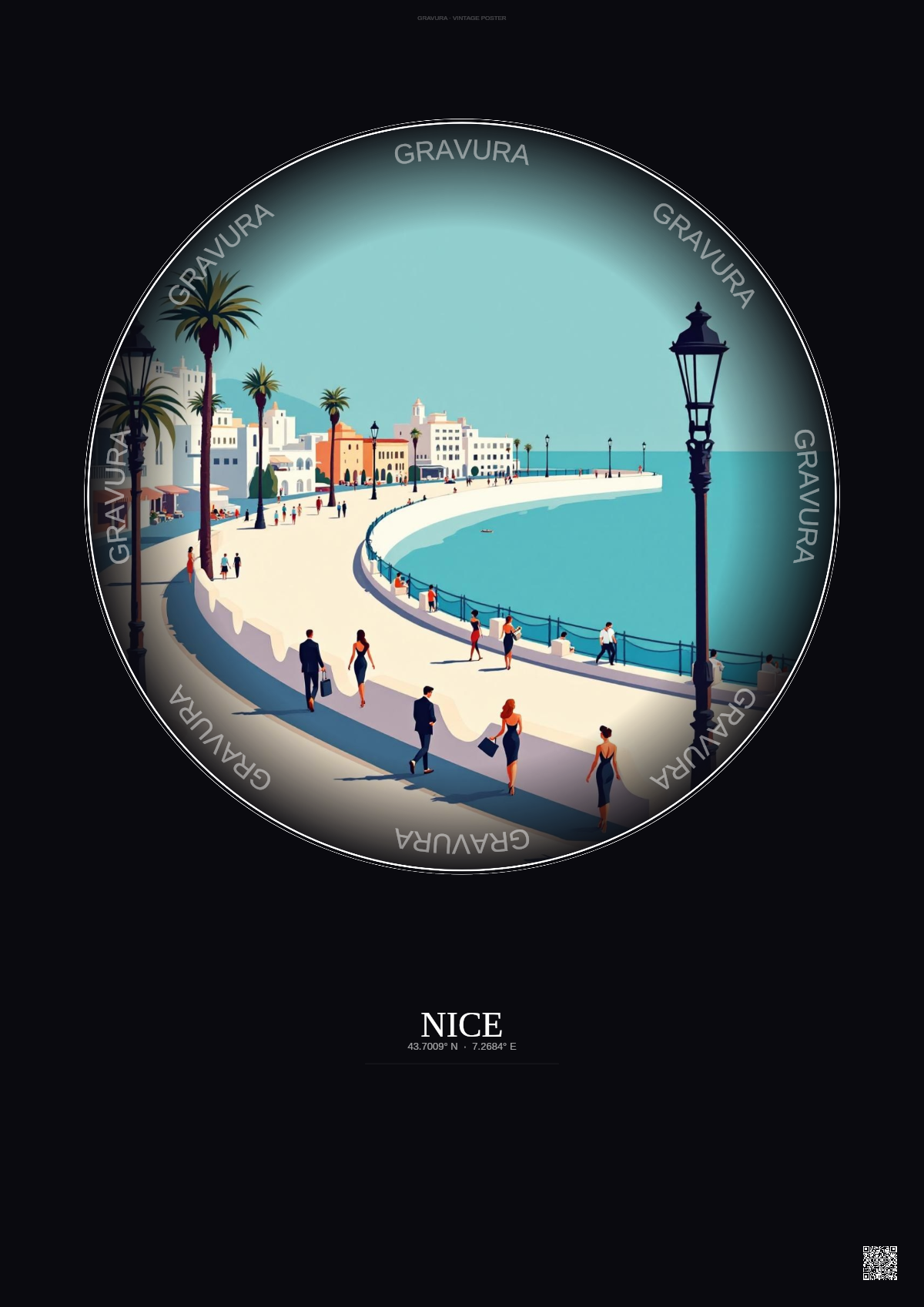 Affiche Nice – Poster illustration vintage – Promenade Des Anglais | Gravura – Fond foncé