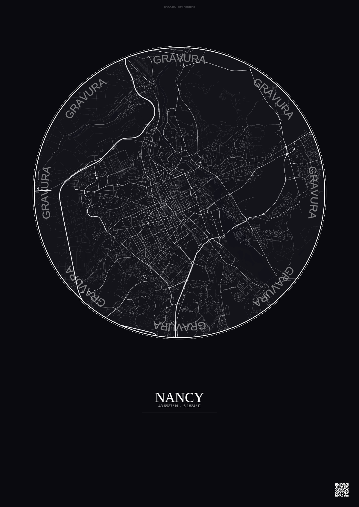 Affiche Nancy – Poster carte de ville | Gravura – Fond foncé