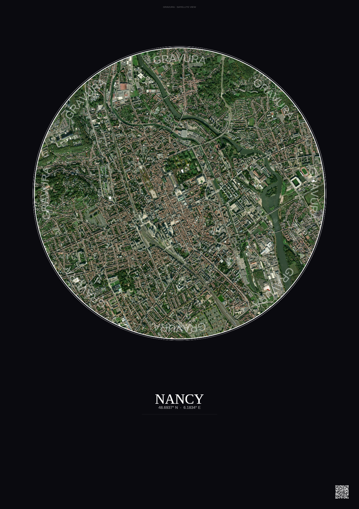Affiche Nancy – Poster vue satellite | Gravura – Fond foncé
